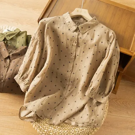 享永子七分袖苎麻衬衫女文艺复古宽松显瘦棉麻上衣女2023春夏新款图片