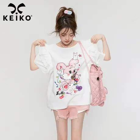 可爱兔子印花白色短袖t恤女2023夏季蕾丝花边纯棉打底衫宽松上衣图片