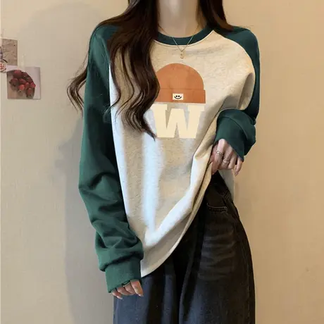 拼色插肩长袖T恤女秋冬宽松显瘦内搭外穿打底衫加绒保暖欧货上衣图片