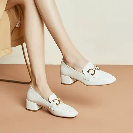 春季新款方头乐福鞋女中跟粗跟女士软皮软底舒适小香风气质单鞋商品大图