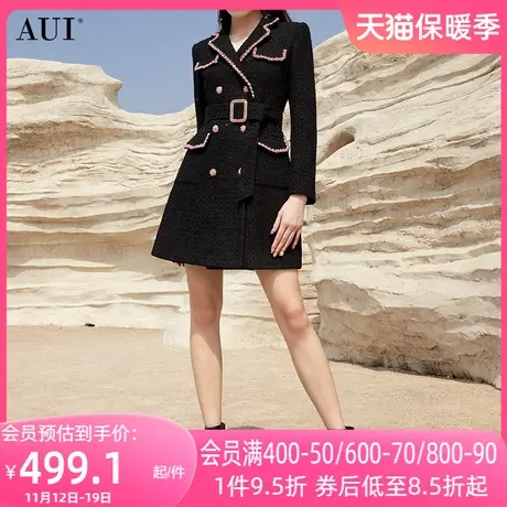 AUI黑色名媛中长款西装外套女2023冬新款高端小香风职业气质大衣图片