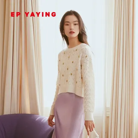 EP YAYING雅莹女装 镂空绣花羊毛圆领针织衫 2023新款9599N商品大图