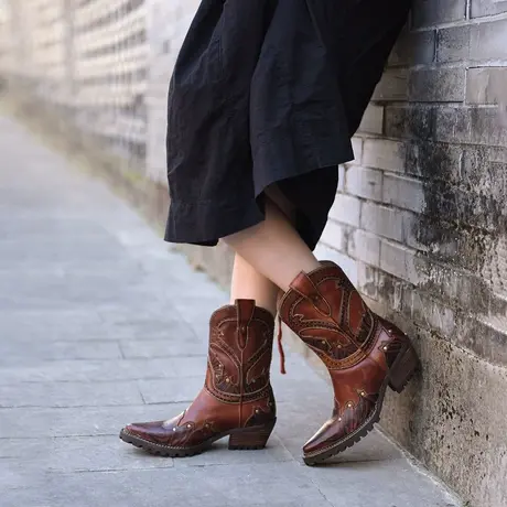 Artmu阿木原创复古小众真皮西部牛仔靴尖头长靴中筒靴马靴骑士靴商品大图