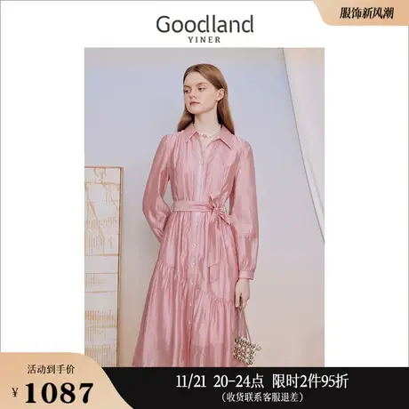 【柔滑天丝】Goodland美地女装2023秋季莱赛尔海鸥领连衣裙图片