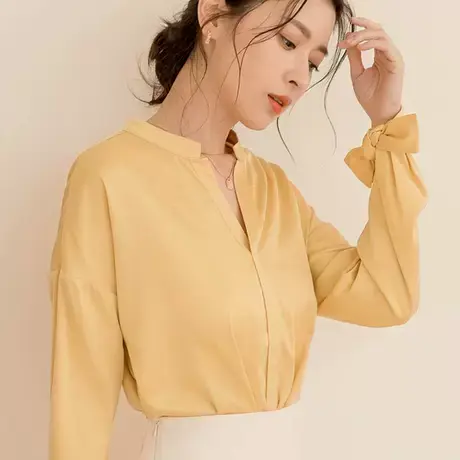 桔熊春秋季微光泽雪纺衫蝴蝶结长袖下摆扭结V领上衣女大码AB17538商品大图