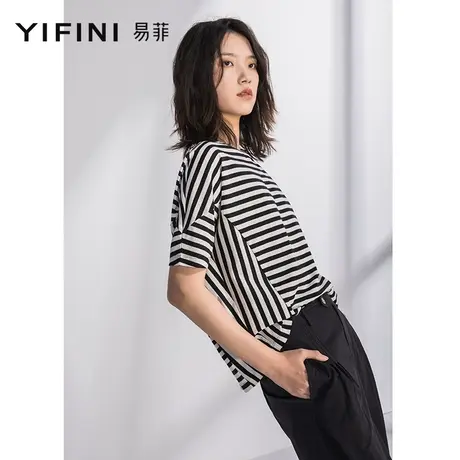 Yifini/易菲宽松圆领条纹T恤女夏季新款黑白撞色拼接百搭上衣商品大图
