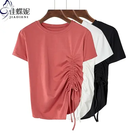 夏季新款韩版圆领抽绳气质百搭短袖T恤纯棉不规则下摆女装上衣商品大图