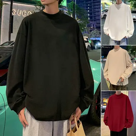 新款半高领德绒长袖纯色针织衫男春秋季内搭ins潮牌打底衫上衣服t商品大图