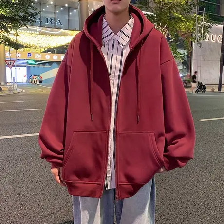 酒红色港风卫衣外套男秋冬季潮牌连帽宽松休闲帽衫情侣装拉链开衫商品大图