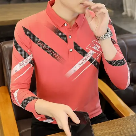纯棉翻领长袖T恤男士印花潮流衬衫领秋衣Polo衫穿秋季男装打底衫商品大图