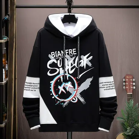 潮牌印花卫衣男春秋款潮流设计感拼接连帽外套男青少年休闲上衣服商品大图