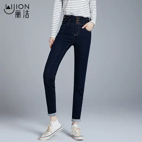 丽洁女裤高腰小脚裤女2023年春秋新款排扣收腹修身弹力铅笔裤长裤商品大图