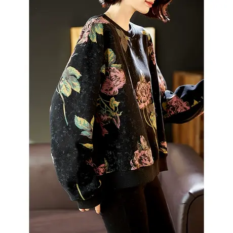 宝诗黎圆领印花短款套头上衣女宽松百搭秋冬长袖加绒卫衣2023新款商品大图