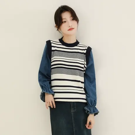 韩潮袭人牛仔拼接假两件条纹针织衫女2023秋季新款休闲长袖毛衣商品大图