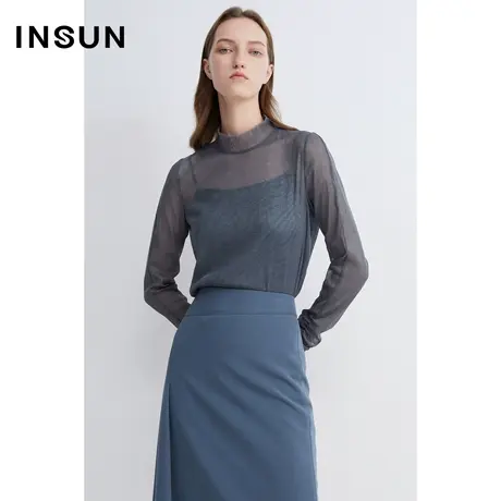 INSUN恩裳春季闪葱纱线双层网纱轻薄T恤图片