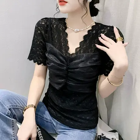性感黑色蕾丝上衣女夏装欧货气质拼接V领T恤短袖修身显瘦百搭小衫商品大图