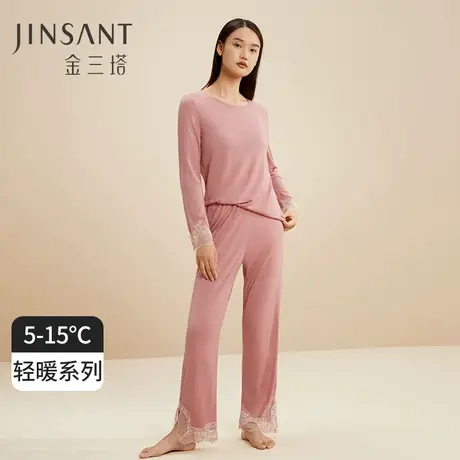 金三塔桑蚕丝&羊毛 温暖轻盈舒适亲肤女士拼蕾丝优雅居家服衣裤套图片