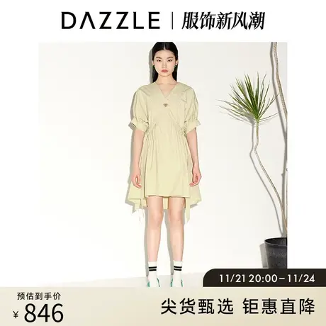 DAZZLE地素奥莱 春夏简约小众v领系带收腰大摆短袖连衣裙女图片