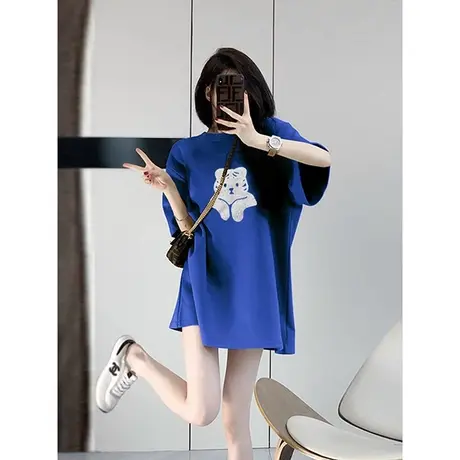 夏季短袖蓝色t恤女宽松2023新款简约纯棉欧货大版中长款洋气体恤商品大图