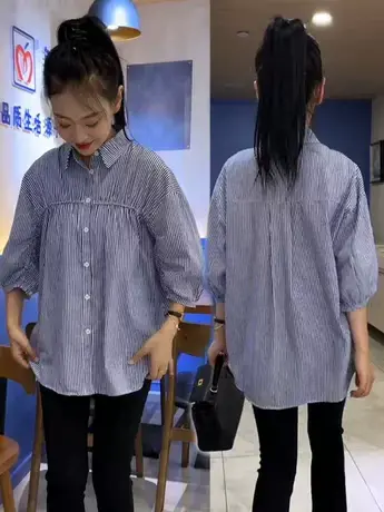 条纹衬衫女2023秋季新款韩版七分袖设计感小众宽松显瘦百搭上衣潮图片