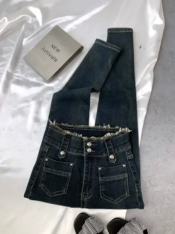 腰头毛边两粒扣牛仔喇叭裤2023秋冬新款加绒铅笔裤高腰弹力包臀裤商品大图