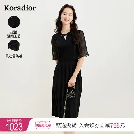 珂莱蒂尔黑色法式短袖气质荷叶边连衣裙女夏中长款气质名媛裙子图片