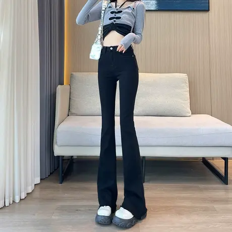 黑色微喇牛仔裤女2023秋季新款高腰直筒马蹄裤百搭显瘦毛边喇叭裤商品大图