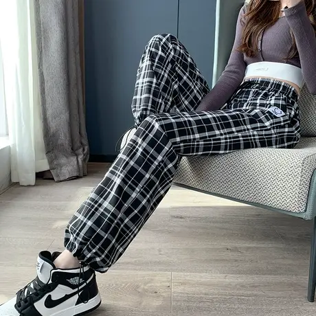 黑白格运动裤女2024年春季新款高腰宽松显瘦百搭休闲束脚两穿卫裤图片