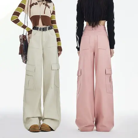 高腰工装休闲裤女秋季2023年新款设计感口袋百搭垂感宽松阔腿裤子图片