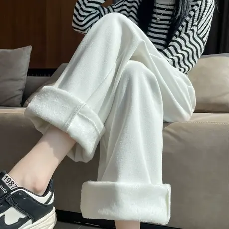 白色加绒牛仔裤女冬季今年流行的爆款裤子女士直筒裤阔腿裤宽松图片