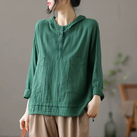 dza 文艺复古连帽宽松亚麻上衣女士早秋新款气质上衣漂亮棉麻衬衣图片