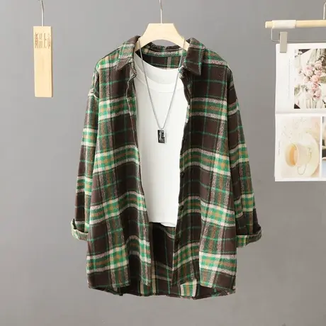 磨毛格子衬衫女长袖春秋季休闲宽松复古中长款衬衣外套秋冬上衣女商品大图