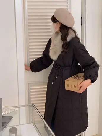 冬季新款韩版90白鸭羽绒服女磁吸狐狸毛领中长款系带收腰过膝外套图片