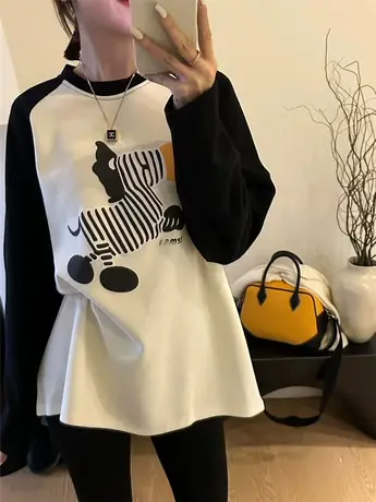 卡通斑马磨毛大版T恤女欧洲站冬装2023新款欧货加厚加绒打底衫潮商品大图