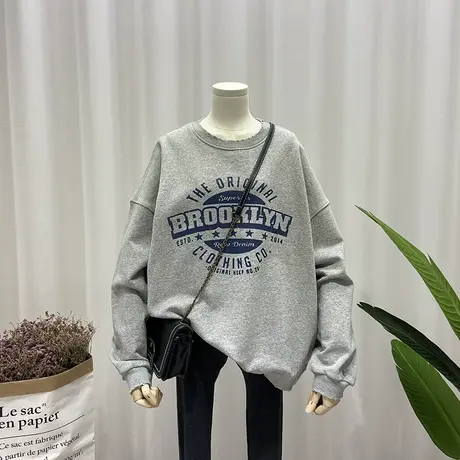 2022春秋新款韩版宽松大码磨破印花字母长袖套头慵懒风bf薄款卫衣商品大图