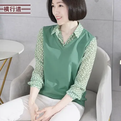 衬衫领雪纺假两件长袖2025新款纯色拼接宽松简约T恤外穿大码女衣商品大图