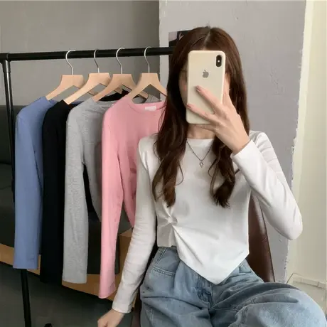 2024早秋季新款正肩长袖t恤女设计感小众独特别致不规则短款上衣商品大图