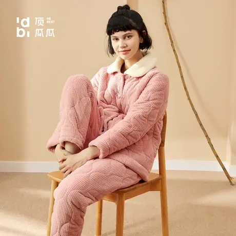 顶瓜瓜秋冬睡衣套装女士2021年加厚保暖家居服两件套开襟翻领商品大图