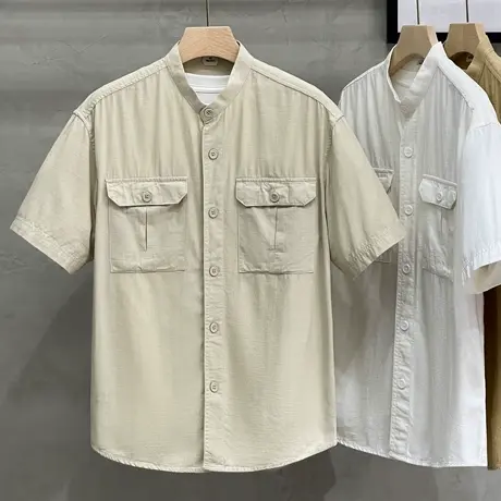 工装衬衣外套男宽松日系休闲复古潮流纯棉衬衫男短袖2023夏季新款商品大图