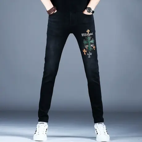 欧洲站刺绣牛仔裤男款小脚修身潮流裤子秋冬美式高街休闲弹力男裤商品大图