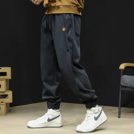 潮牌运动裤男士秋冬款宽松大码新款休闲黑色裤子束脚卫裤加绒男裤商品大图