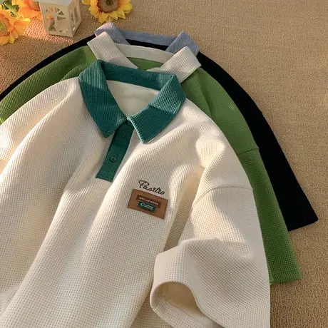 polo衫短袖t恤男夏季美式复古潮牌痞帅百搭重磅翻领半袖体恤衣服商品大图