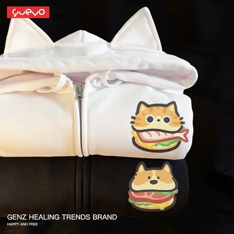 悦游 汉堡猫狗 趣味美食动物情侣原创外套潮牌印花猫耳连帽卫衣男商品大图