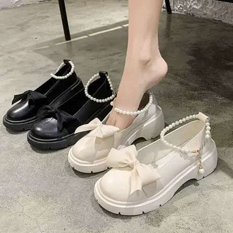 法式复古玛丽珍鞋女2023年夏季新款蝴蝶结珍珠厚底防滑百搭小皮鞋商品大图