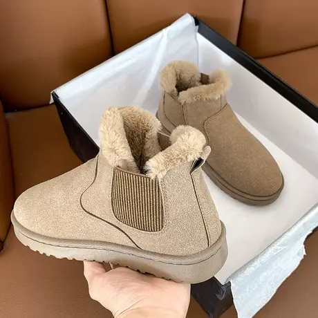 雪地靴女2023冬季新款短筒平底切尔西一脚蹬加绒时尚冬天棉鞋短靴图片