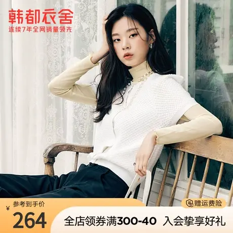 韩都衣舍肌理感针织短袖女秋冬新款复古泡泡袖短袖针织上衣女图片