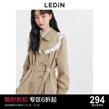 乐町甜美花边风衣休闲秋季新款流行中长款风衣外套女宽松设计感图片