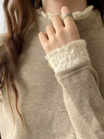 高级感德绒打底衫女内搭蕾丝半高领秋冬季加绒长袖t恤设计感上衣图片