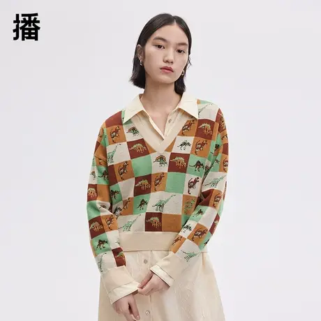 播秋季新款宽松版型罗纹下摆提花V领针织衫女BDP3SD1601商品大图