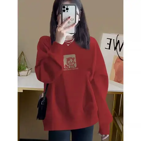 酒红色落肩卫衣女款2024新款圆领无帽oversize秋冬季加绒加厚上衣图片